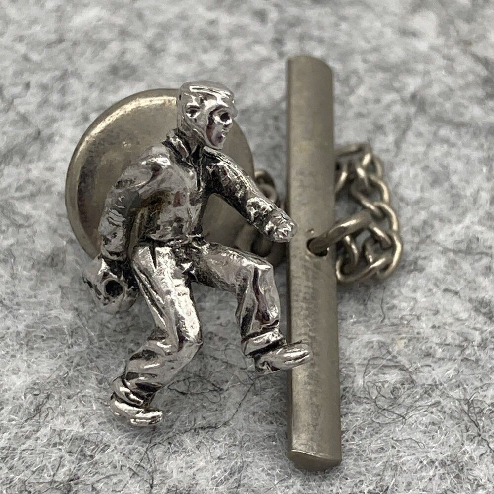 Vtg Silver Tone Bowler Tie Tack and Chain Lapel Pin Bowling Hipster Quirky‎